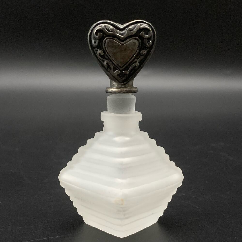 Vintage Irice Frosted Glass Empty Perf,ume Vanity Bottle Heart Stopper